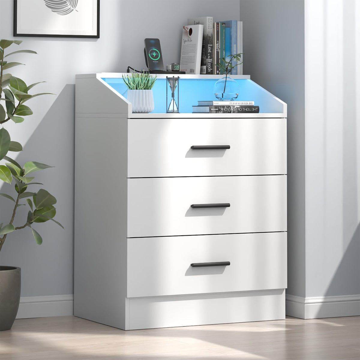 White 3 Drawer Nightstand with Charging Station D10765