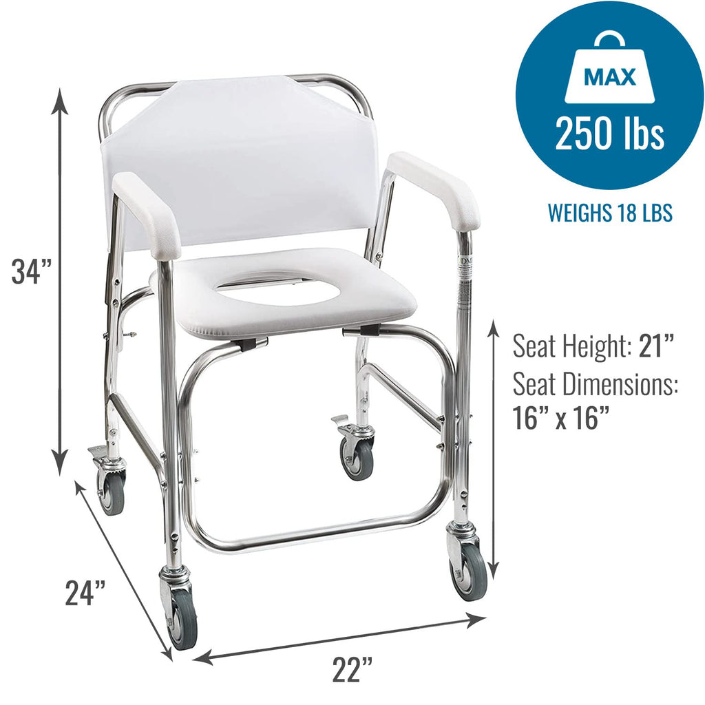 Rolling Shower Commode Chair Aluminum Frame White 250 Lb. Weight Capacity H7815
