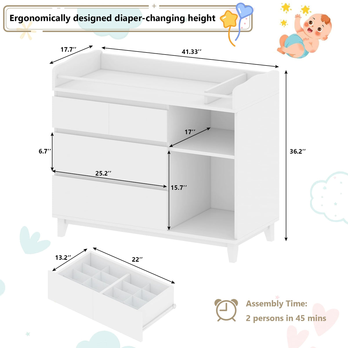 White Baby Changing Table with 4 Drawers W3837