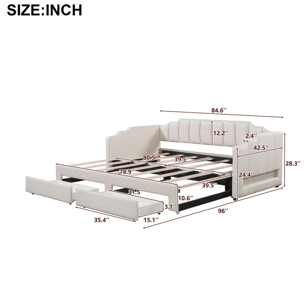 Twin XL Linen Upholstered Daybed with Storage Drawers and LED Light S211