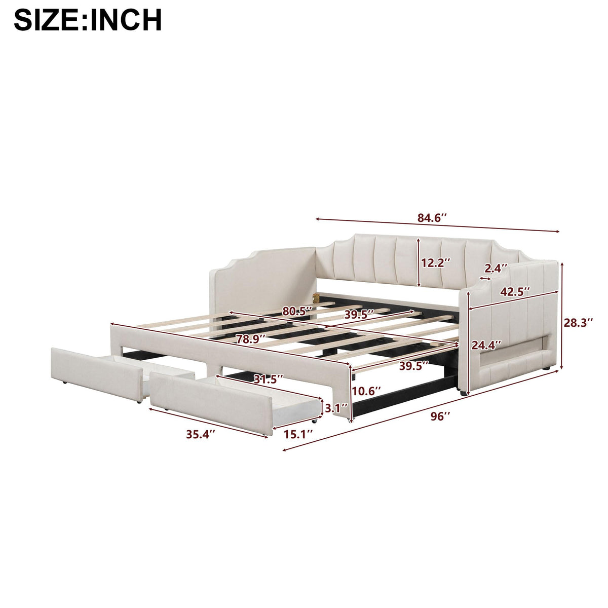 Twin XL Linen Upholstered Daybed with Storage Drawers and LED Light S211