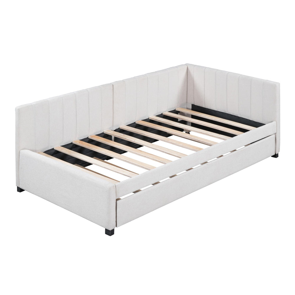 Upholstered Daybed with Trundle Linen Fabric Beige Twin D6510