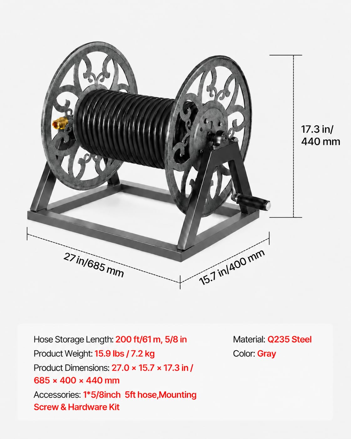 Wall Mounted Garden Hose Reel, Holds 200 ft 5/8" Hose, Heavy-Duty Steel Manual Winder H627