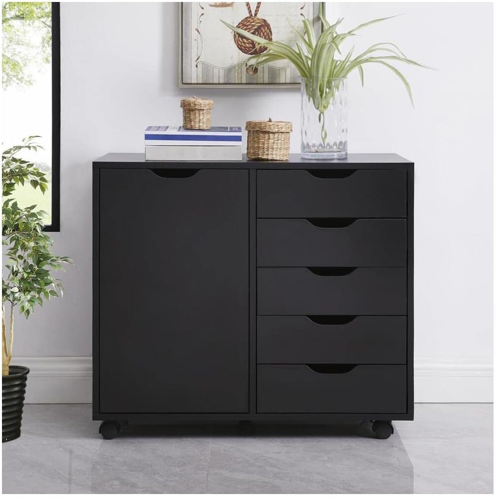 Black 5 Drawer Wood Storage Cabinet with Wheels V54525