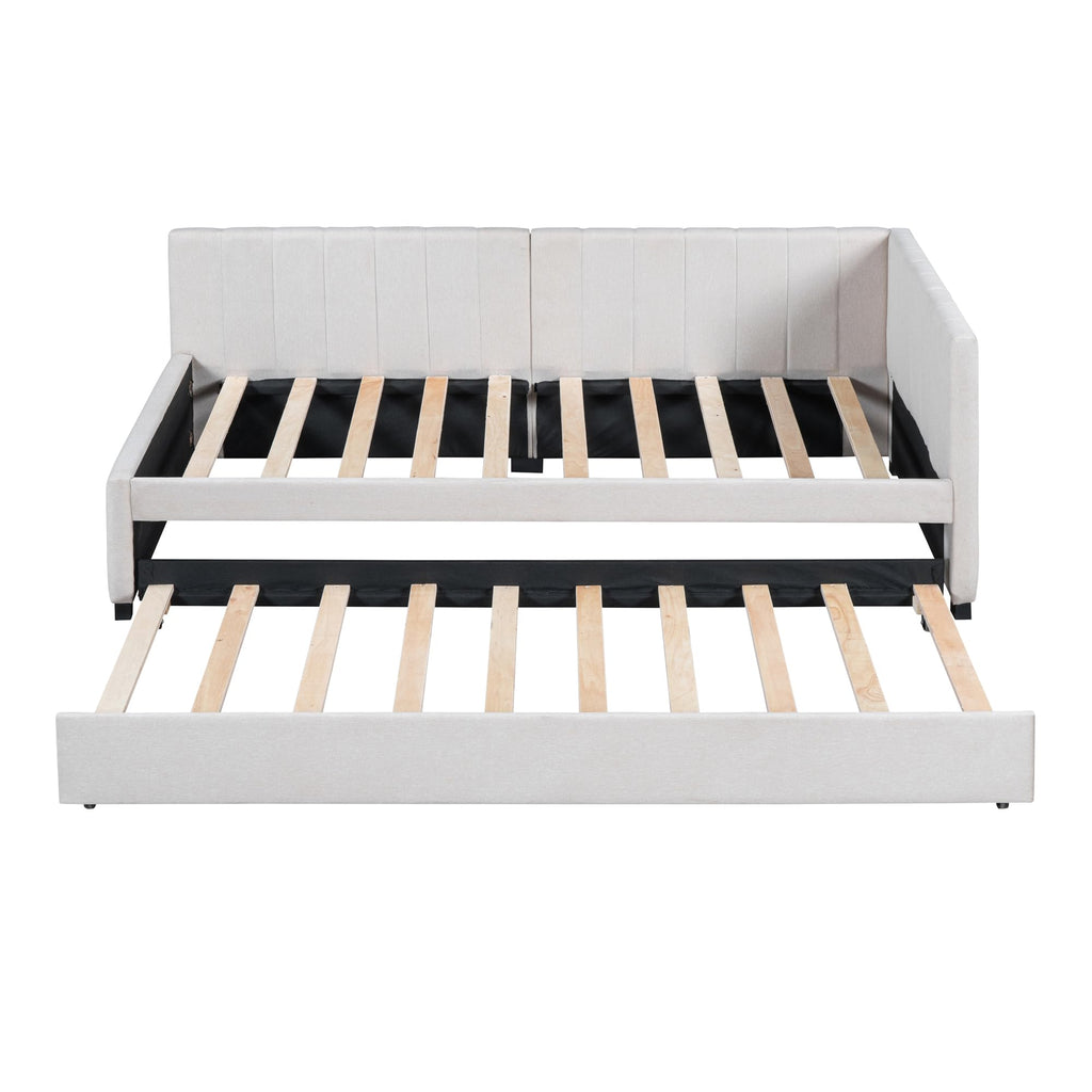 Upholstered Daybed with Trundle Linen Fabric Beige Twin D6510