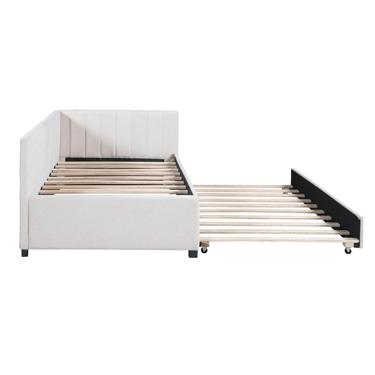 Upholstered Daybed with Trundle Linen Fabric Beige Twin D6510