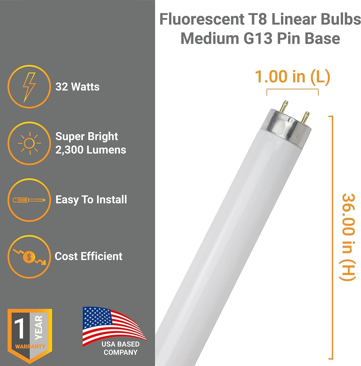 25W 2300 Lumen 3500K Neutral White T8 Fluorescent Tube Light Bulb Pack of 30 K49998
