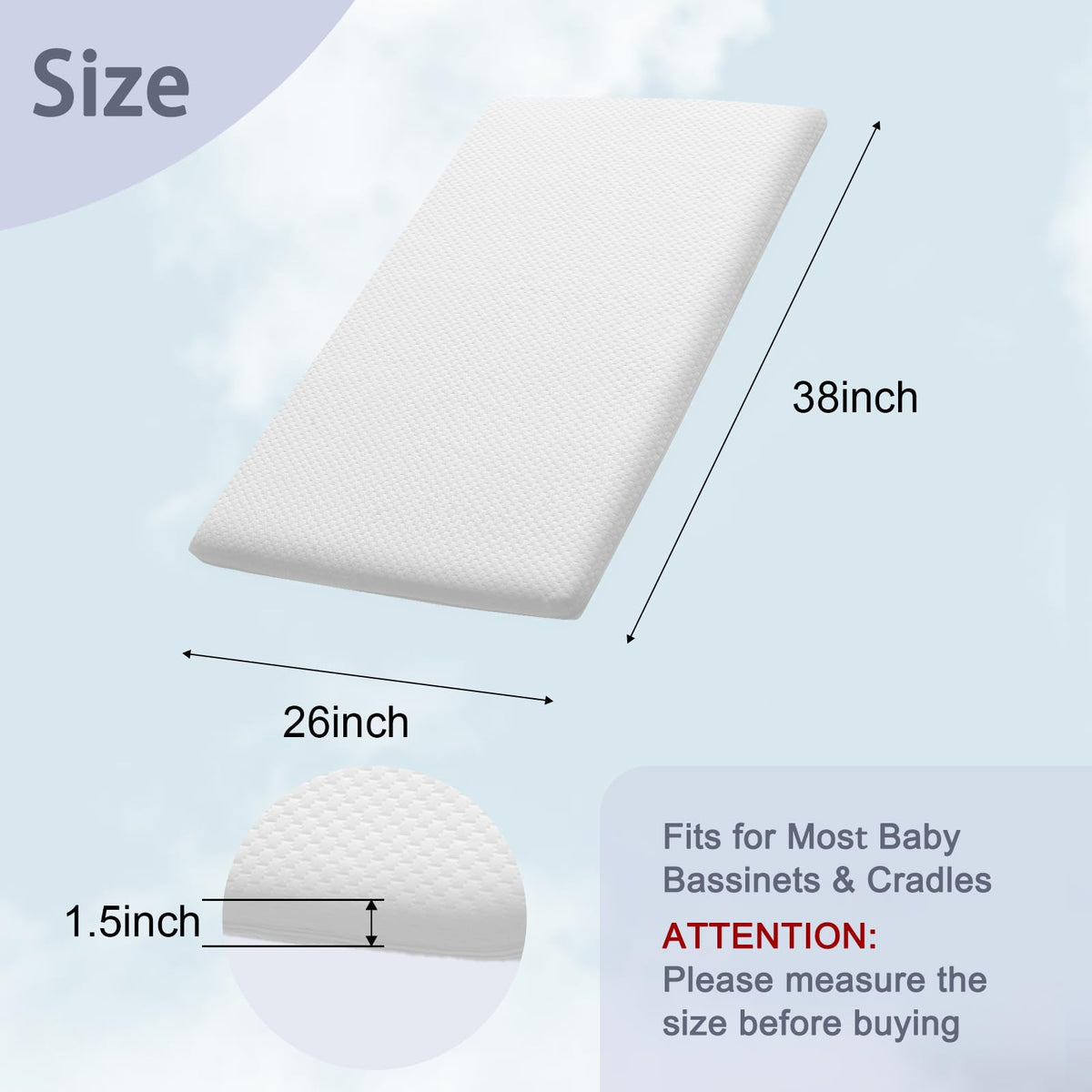 Baby Bassinet Mattress 38 x 26 Inch Gel Memory Foam B536388