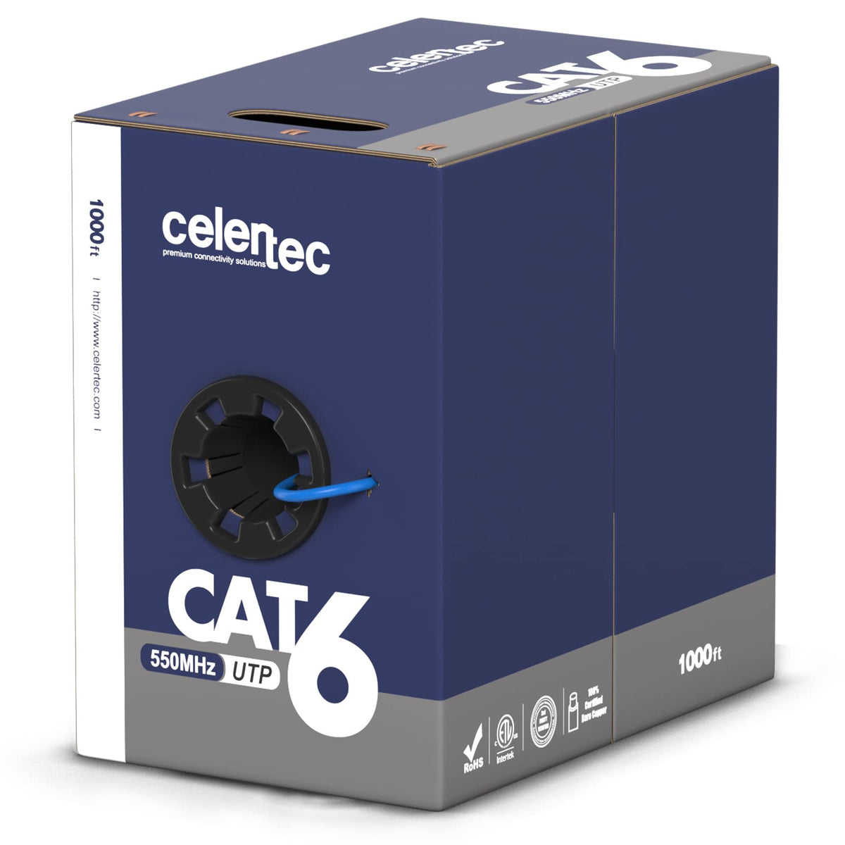 CAT6 Ethernet Cable, 1000ft, 23AWG Solid Bare Copper, UTP, Indoor, Blue J83135