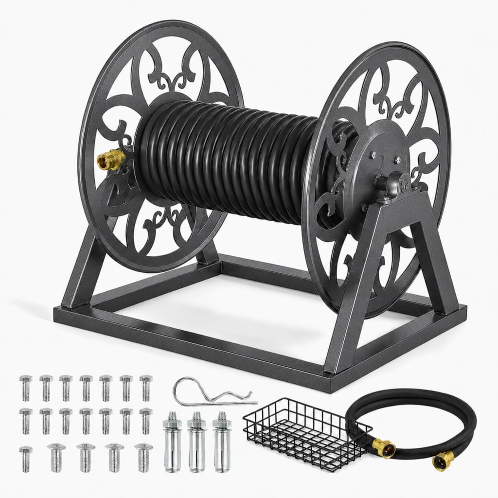 Wall Mounted Garden Hose Reel, Holds 200 ft 5/8" Hose, Heavy-Duty Steel Manual Winder H627