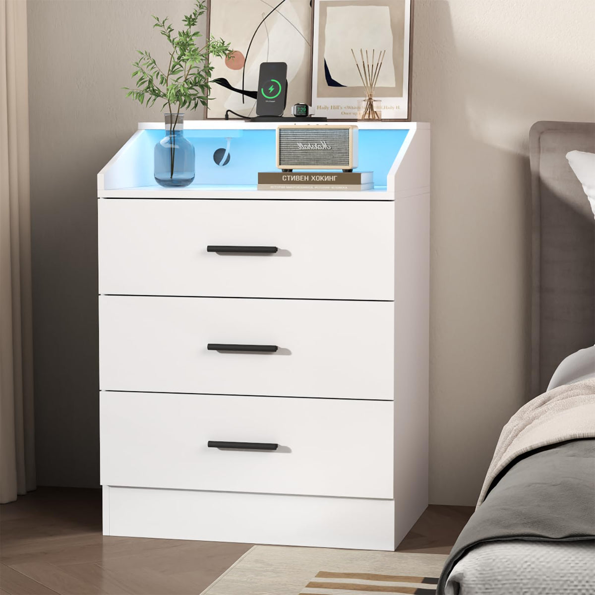 White 3 Drawer Nightstand with Charging Station D10765
