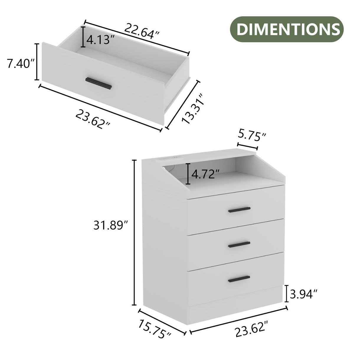 White 3 Drawer Nightstand with Charging Station D10765