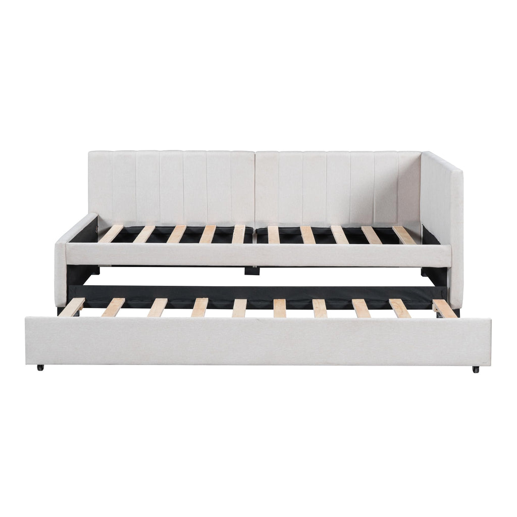 Upholstered Daybed with Trundle Linen Fabric Beige Twin D6510