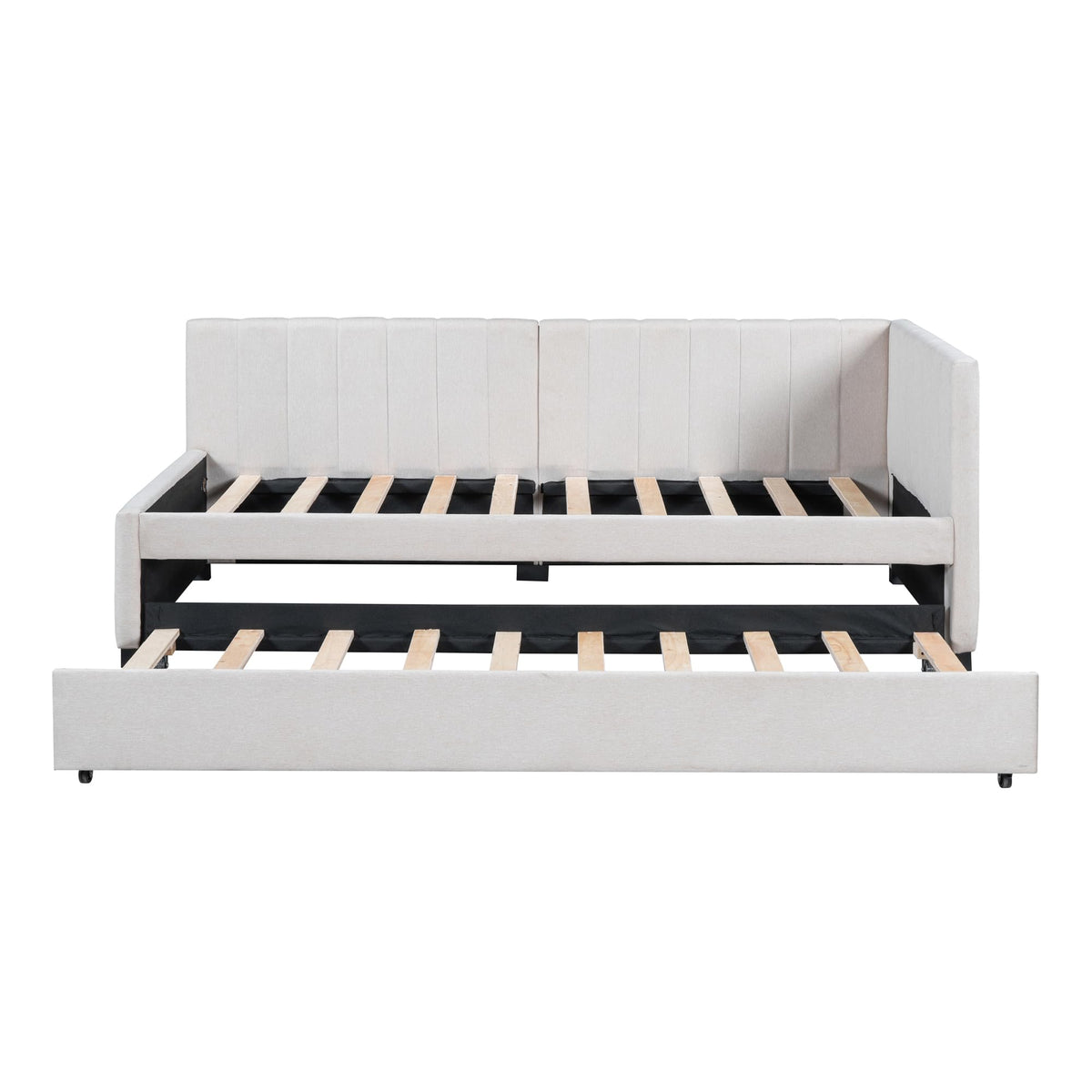 Upholstered Daybed with Trundle Linen Fabric Beige Twin D6510