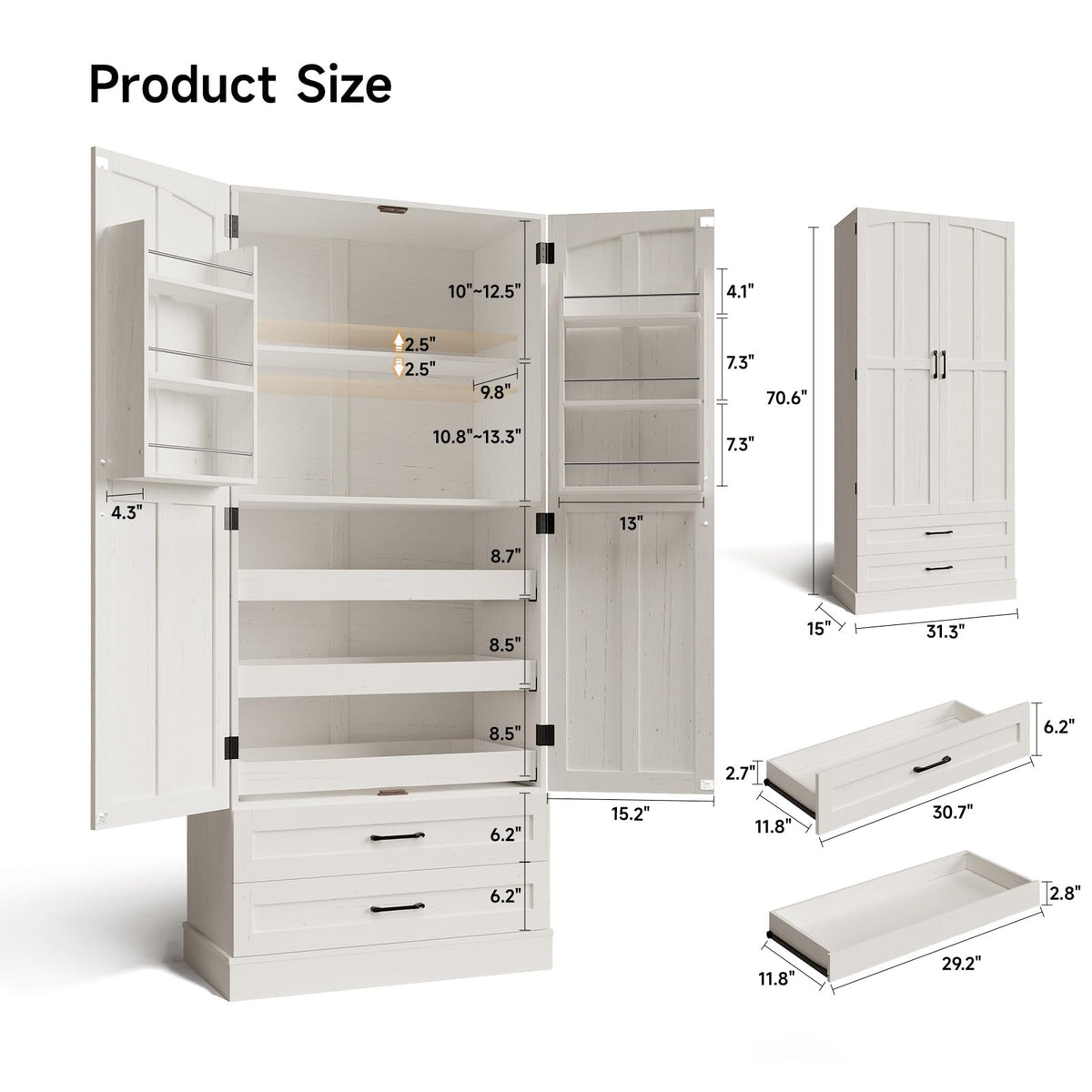 71" Off-White Kitchen Pantry Cabinet with 3 Pull-Out Shelf & 2 Drawer U639