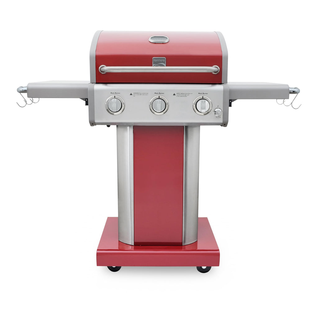3-Burner Liquid Propane Gas Grill with Folding Sides, Wheels, 30000 BTU, Red Y200