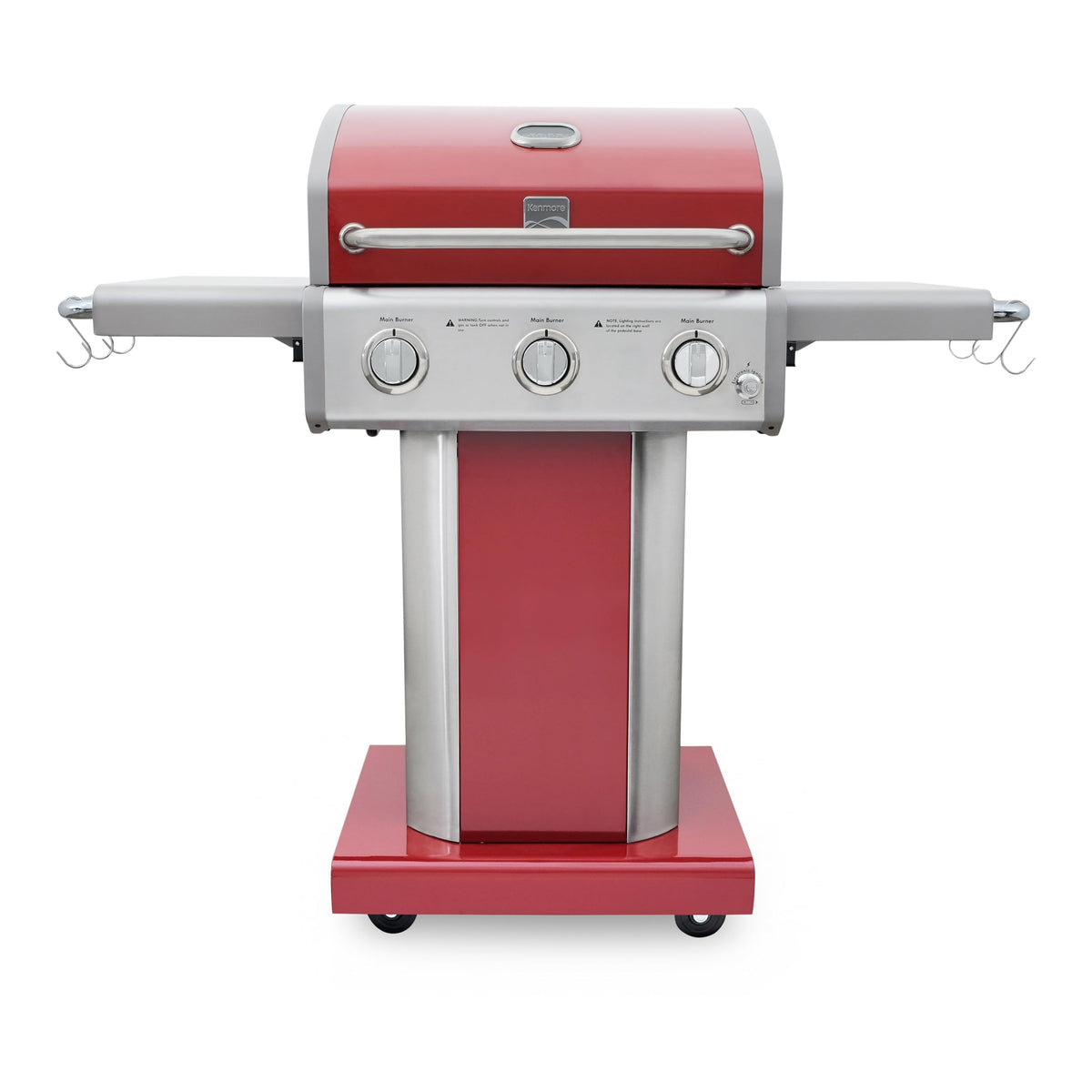 3-Burner Liquid Propane Gas Grill with Folding Sides, Wheels, 30000 BTU, Red Y200