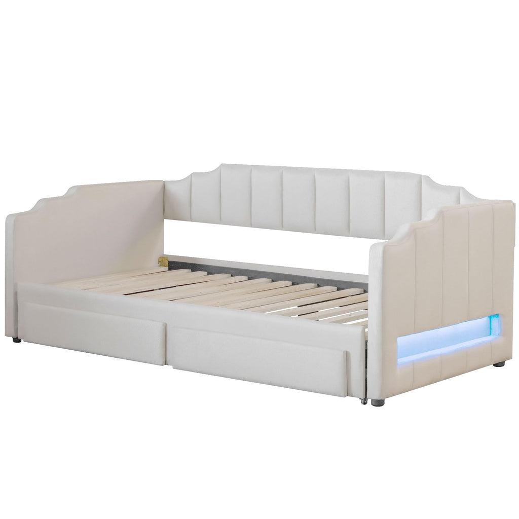 Twin XL Linen Upholstered Daybed with Storage Drawers and LED Light S211