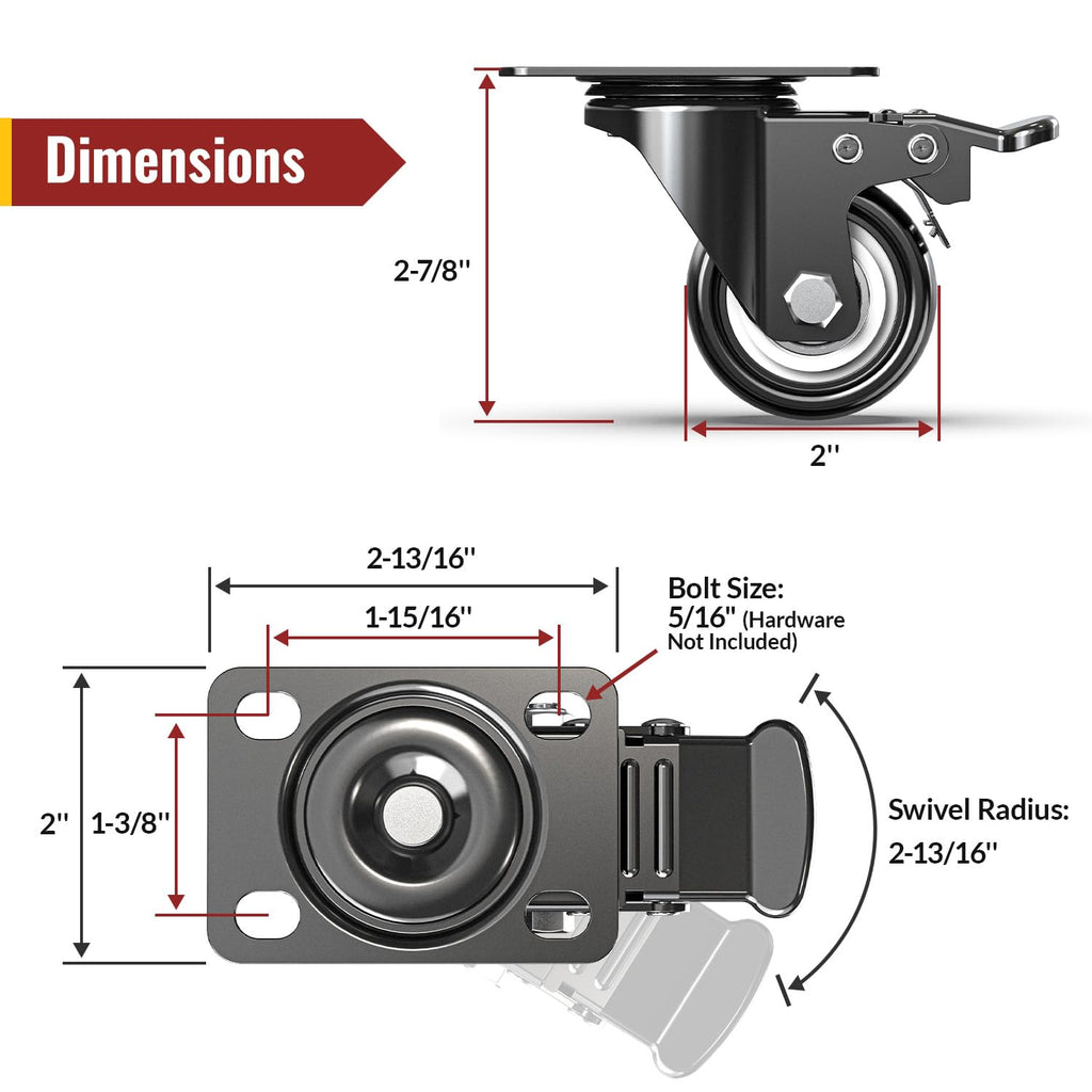 2 Inch Heavy Duty PU Caster Wheels, Set of 4 U311272