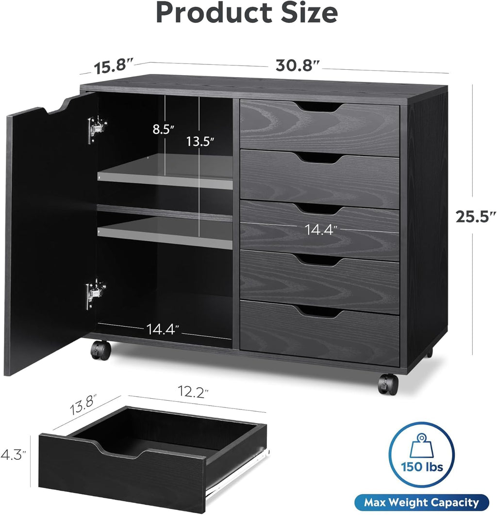Black 5 Drawer Wood Storage Cabinet with Wheels V54525