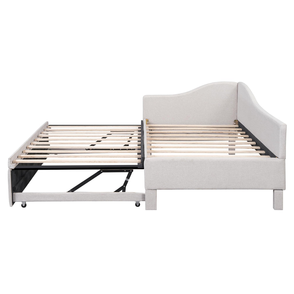 Beige Linen Upholstered Twin Size L-Shaped Daybed with Pop Up Trundle T154169