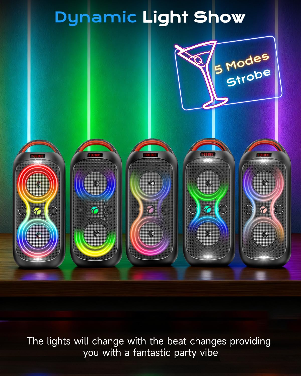 Party Bluetooth Speaker with Dual 4" Woofers, 60W Peak Power, 12H Playtime, Dynamic LED Lights, TWS, FM, AUX, USB, Mic Input, Portable Rechargeable Speaker for Indoor & Outdoor Events -Updated Version E952118