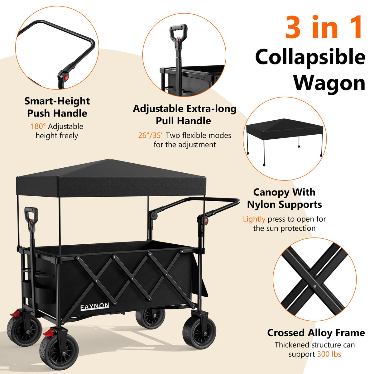 Collapsible Wagon with 300lbs Capacity, 150L Heavy Duty Utility Cart, Black I470950