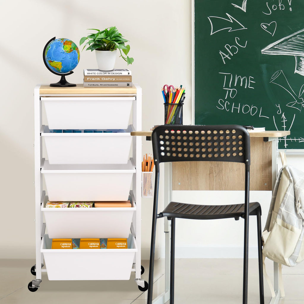Rolling Storage Cart with 5 Plastic Drawers and Wooden Tabletop S91056