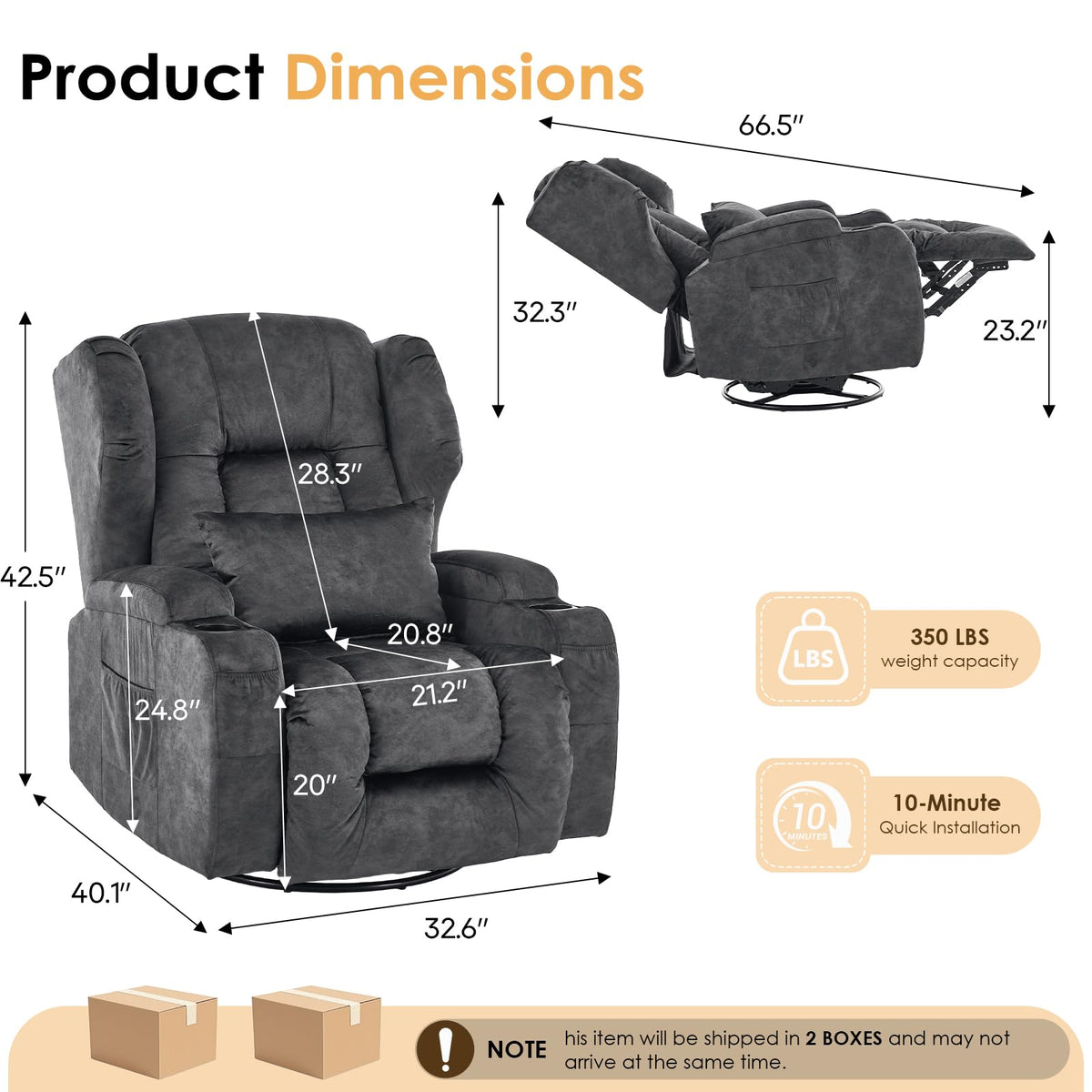 Oversized Velvet Swivel Rocker Recliner Chair with Cup Holders R48189