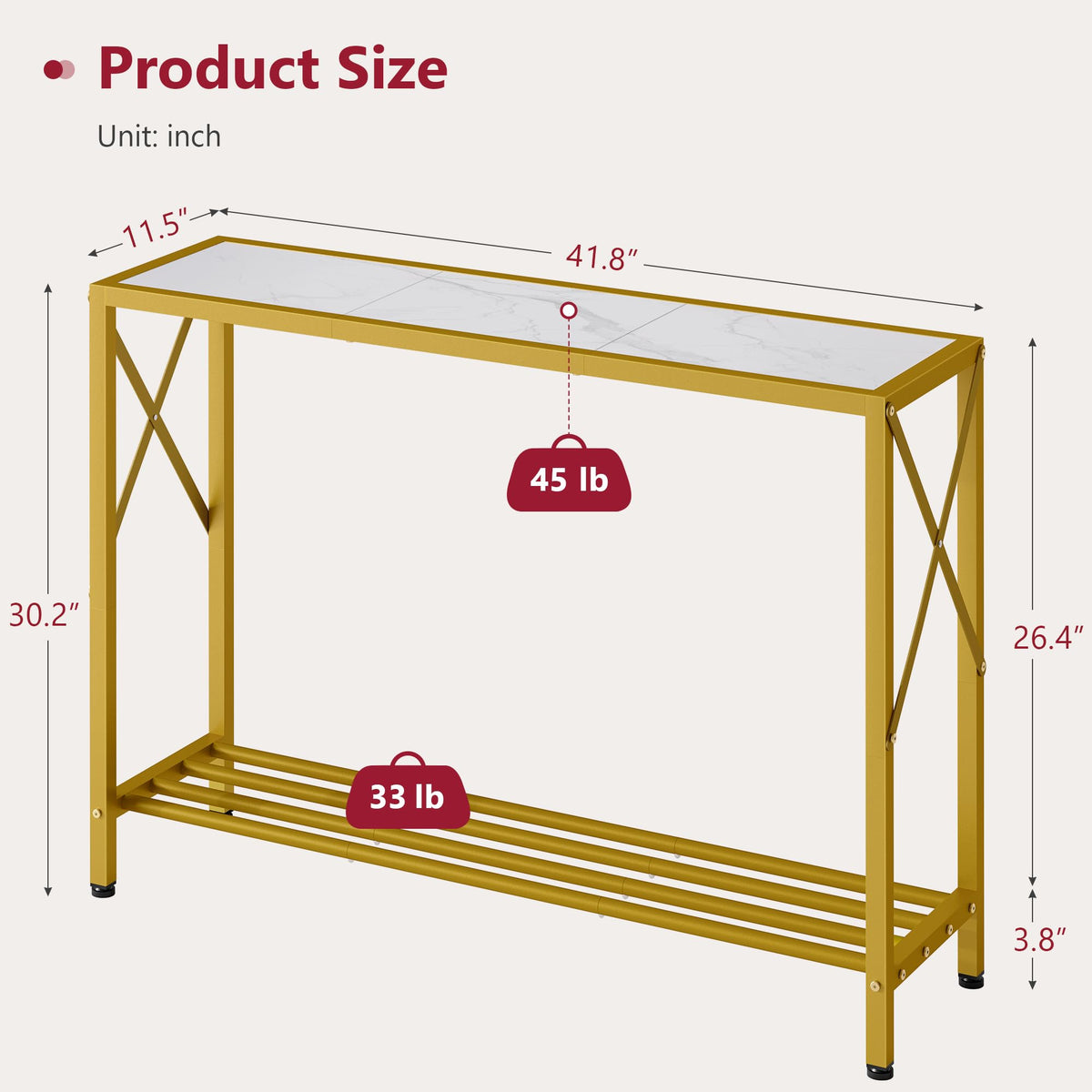 41.8" 2 Tier Gold Console Table with Shelves G799