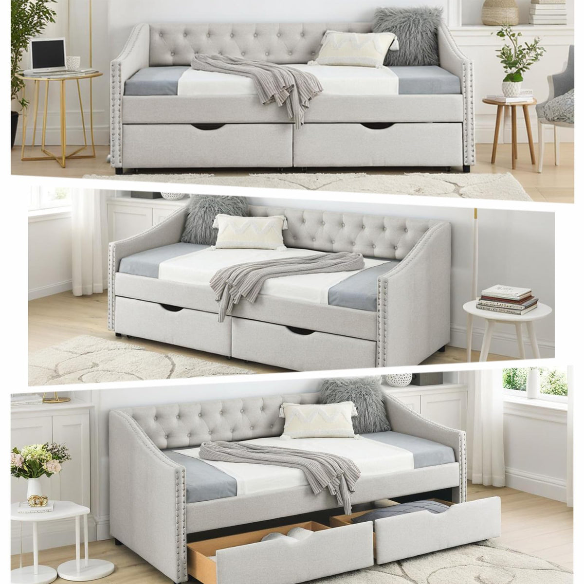 Twin Linen Upholstered Daybed with 2 Storage Drawers B650804