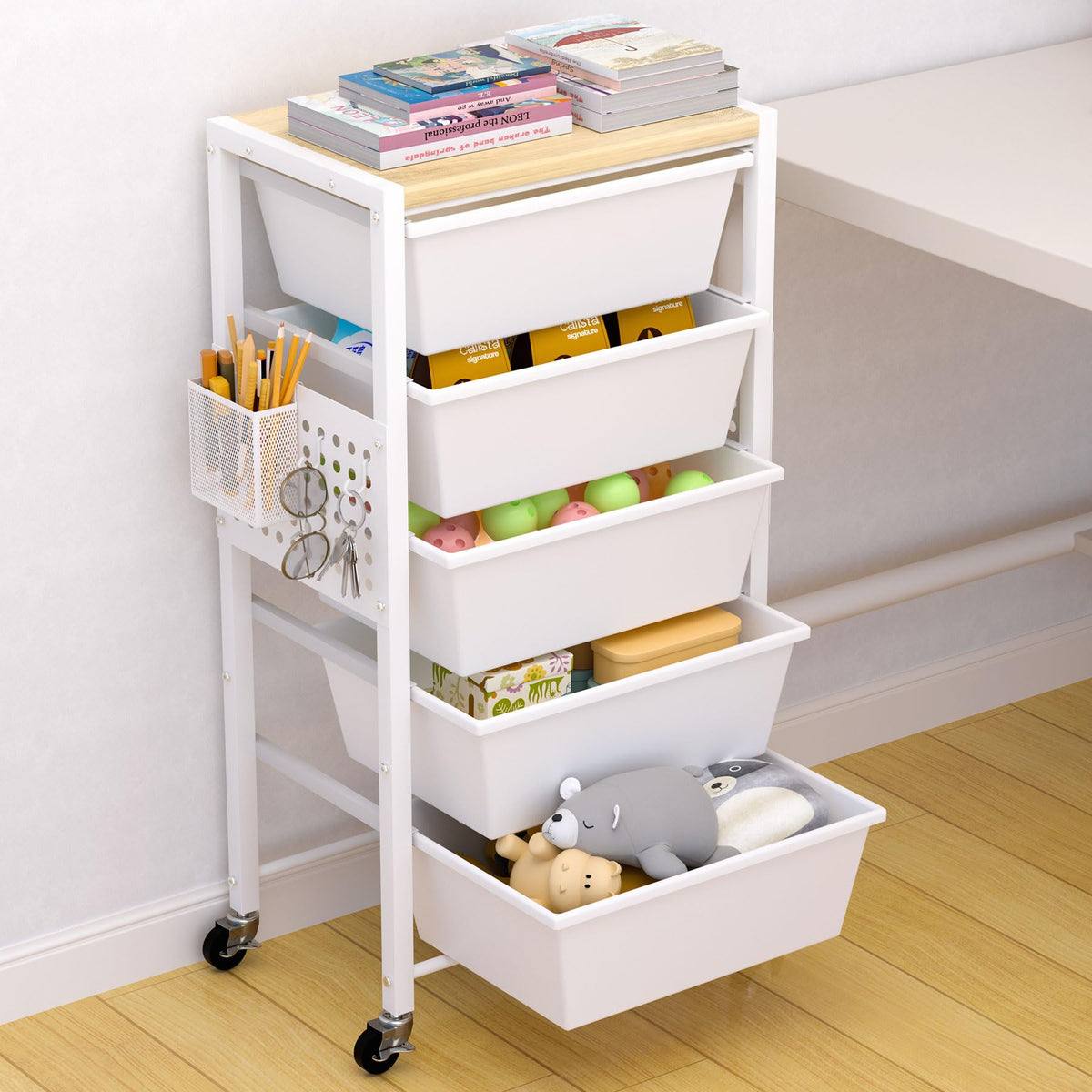Rolling Storage Cart with 5 Plastic Drawers and Wooden Tabletop S91056
