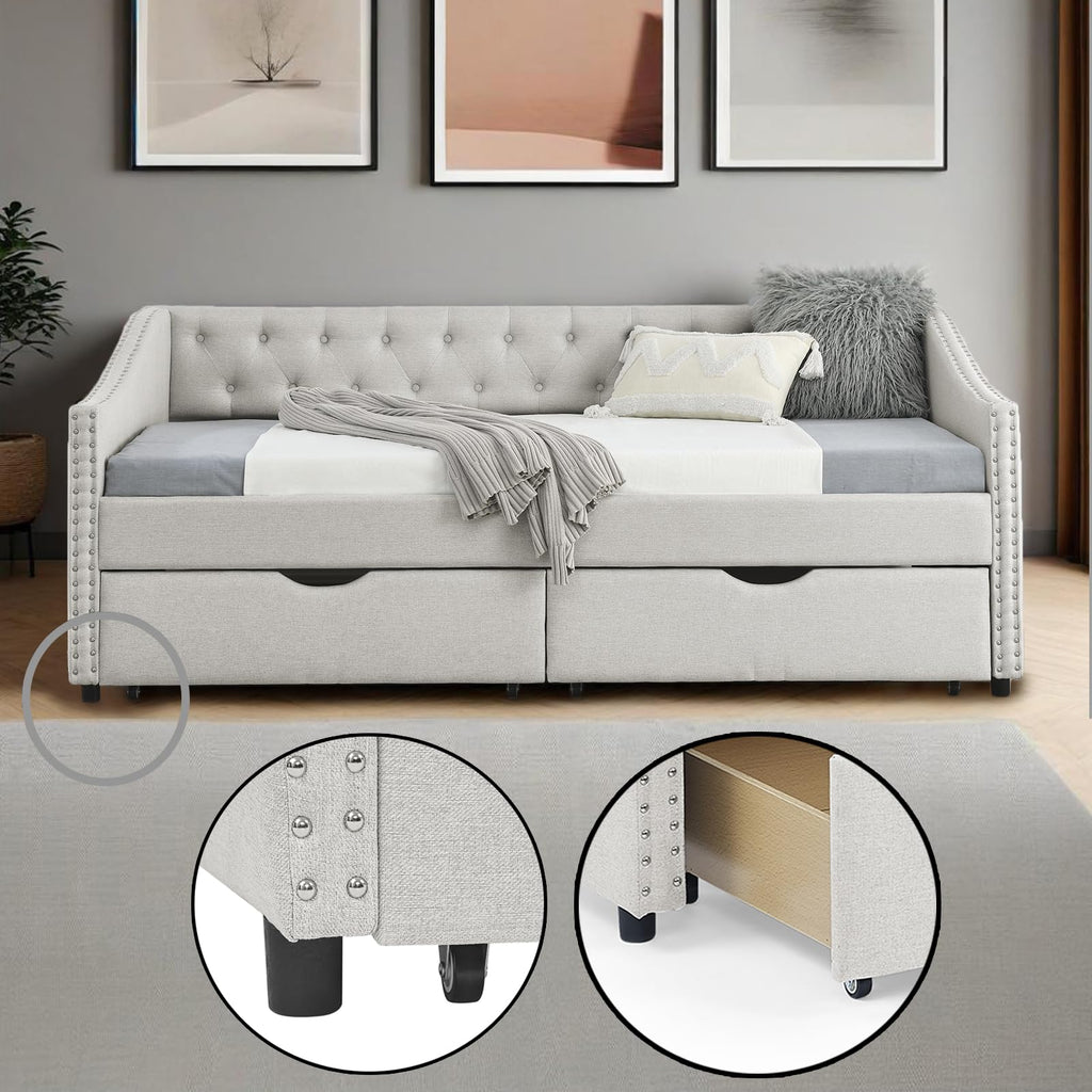 Twin Linen Upholstered Daybed with 2 Storage Drawers B650804