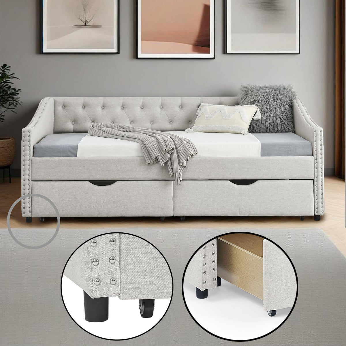Twin Linen Upholstered Daybed with 2 Storage Drawers B650804