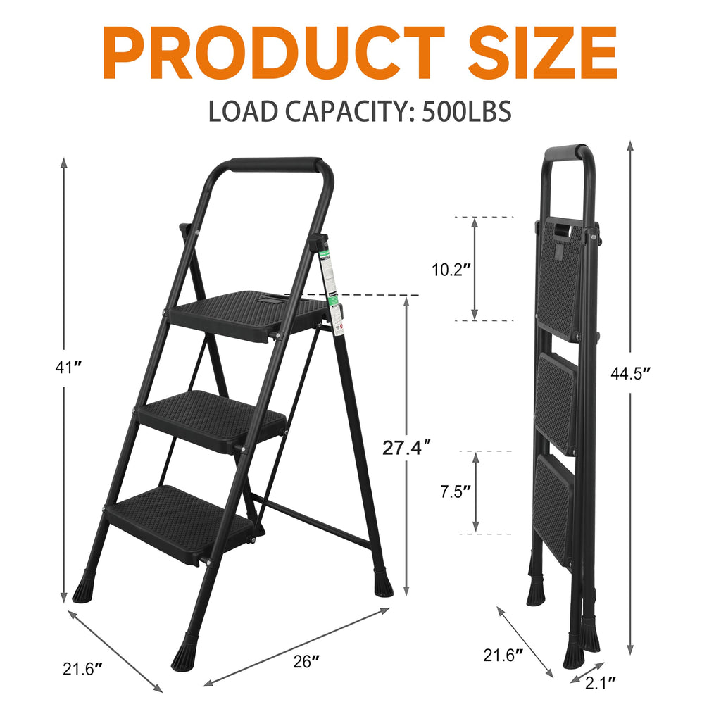 3 Step Folding Steel Ladder with Handrail M610