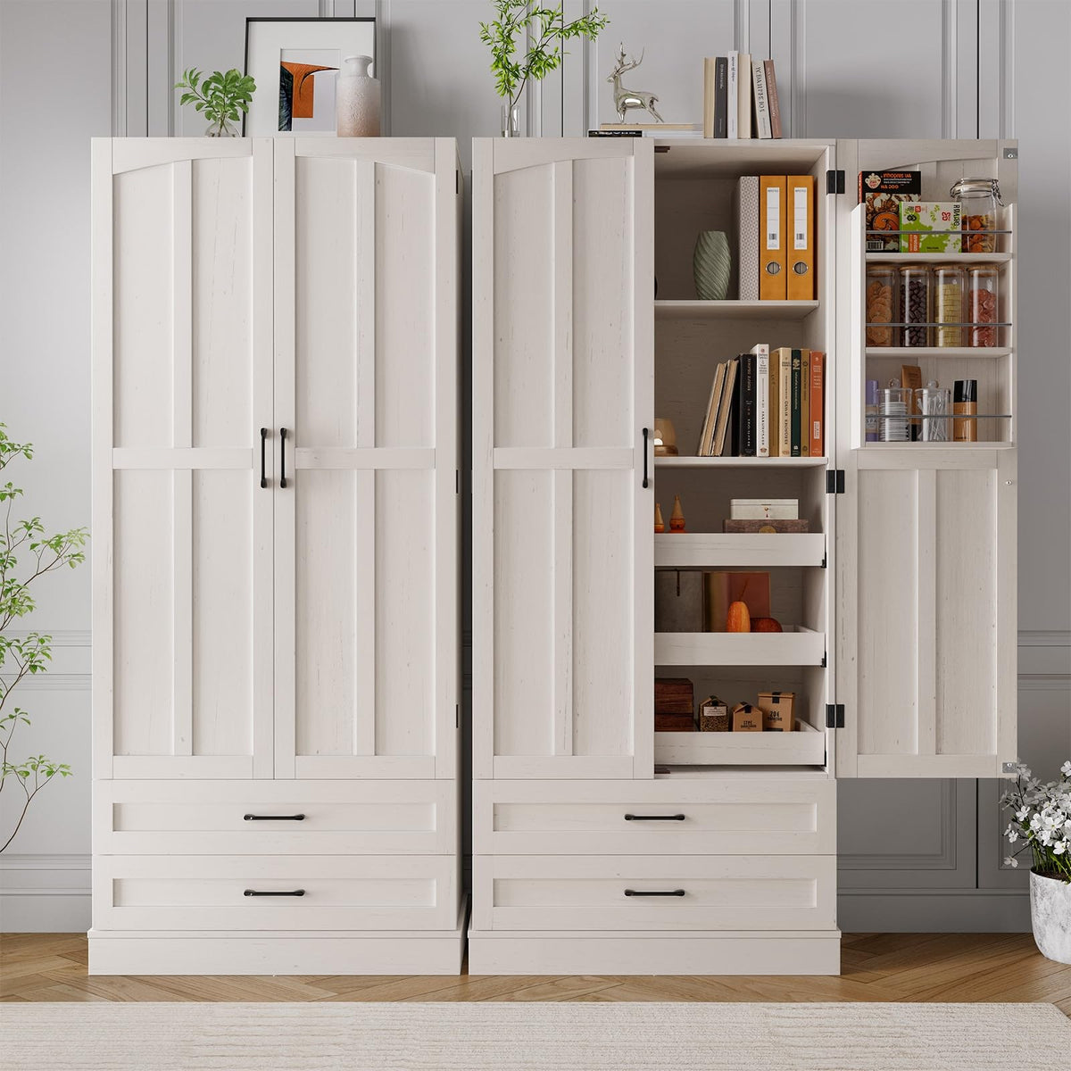 71" Off-White Kitchen Pantry Cabinet with 3 Pull-Out Shelf & 2 Drawer U639