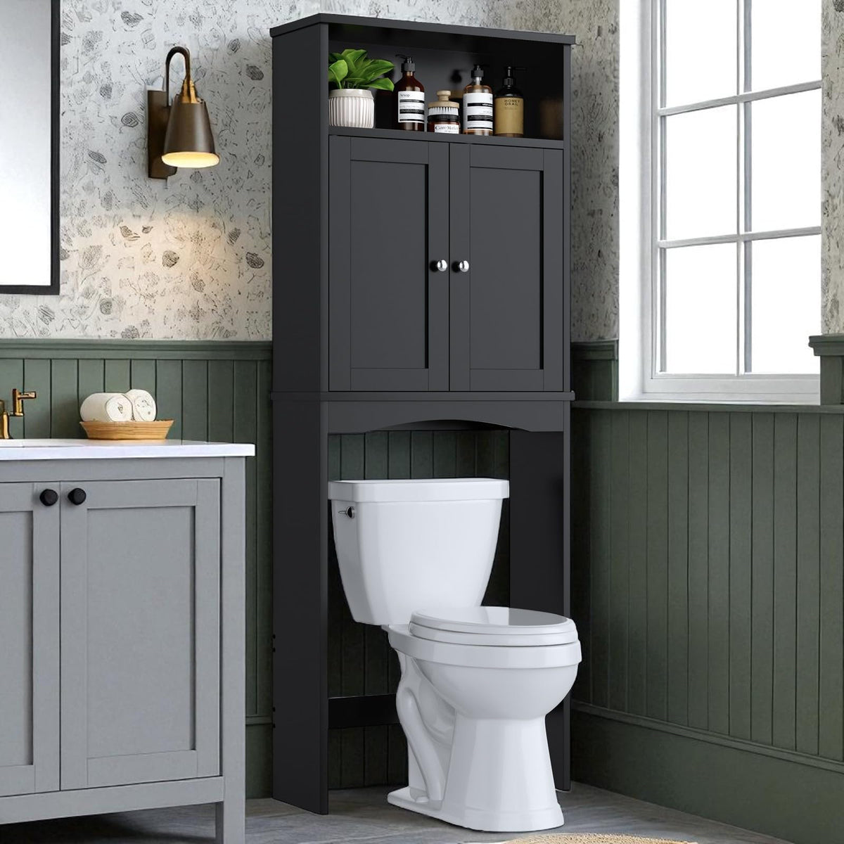 Over The Toilet Storage Cabinet with Adjustable Shelf and Double Door, Black G63899