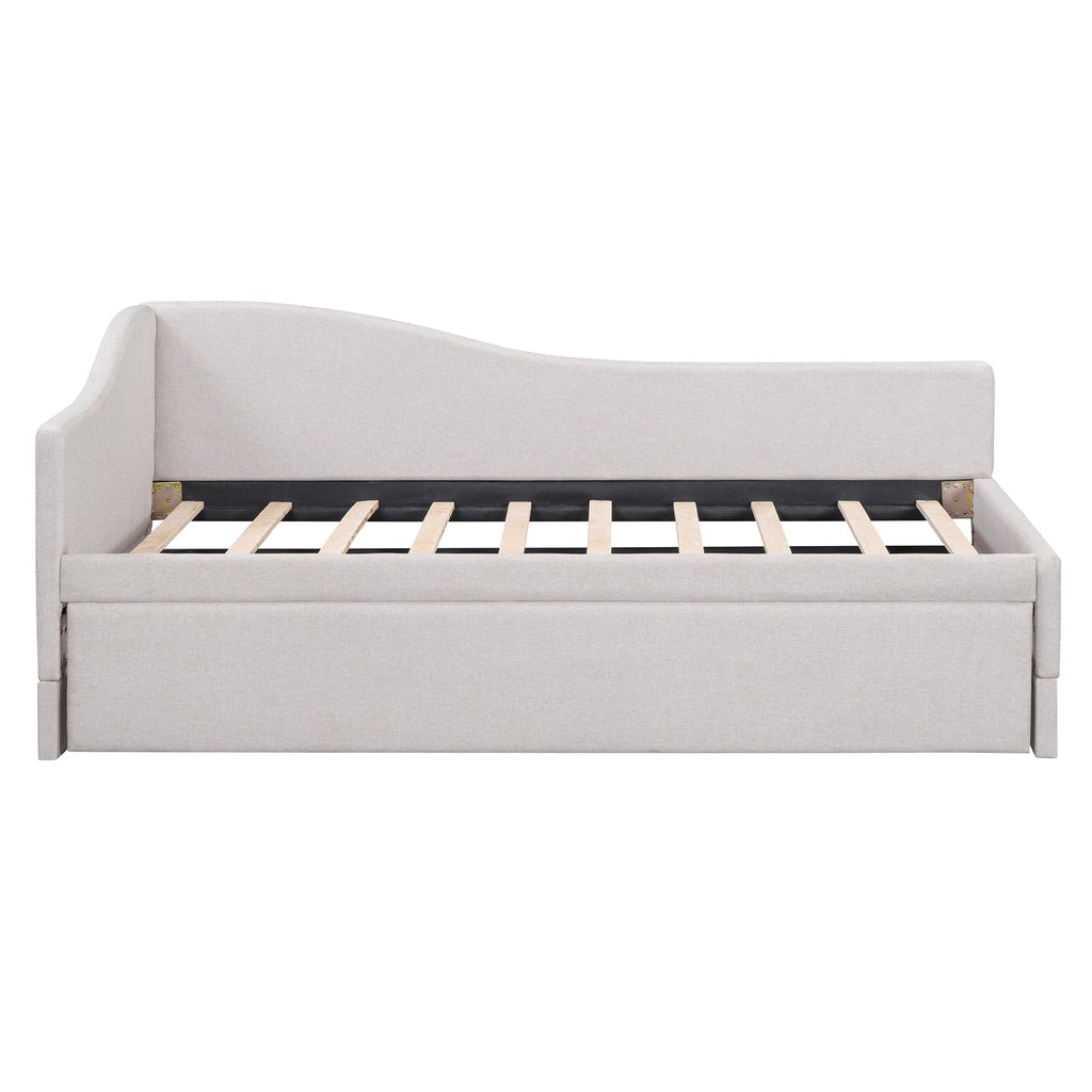 Beige Linen Upholstered Twin Size L-Shaped Daybed with Pop Up Trundle T154169