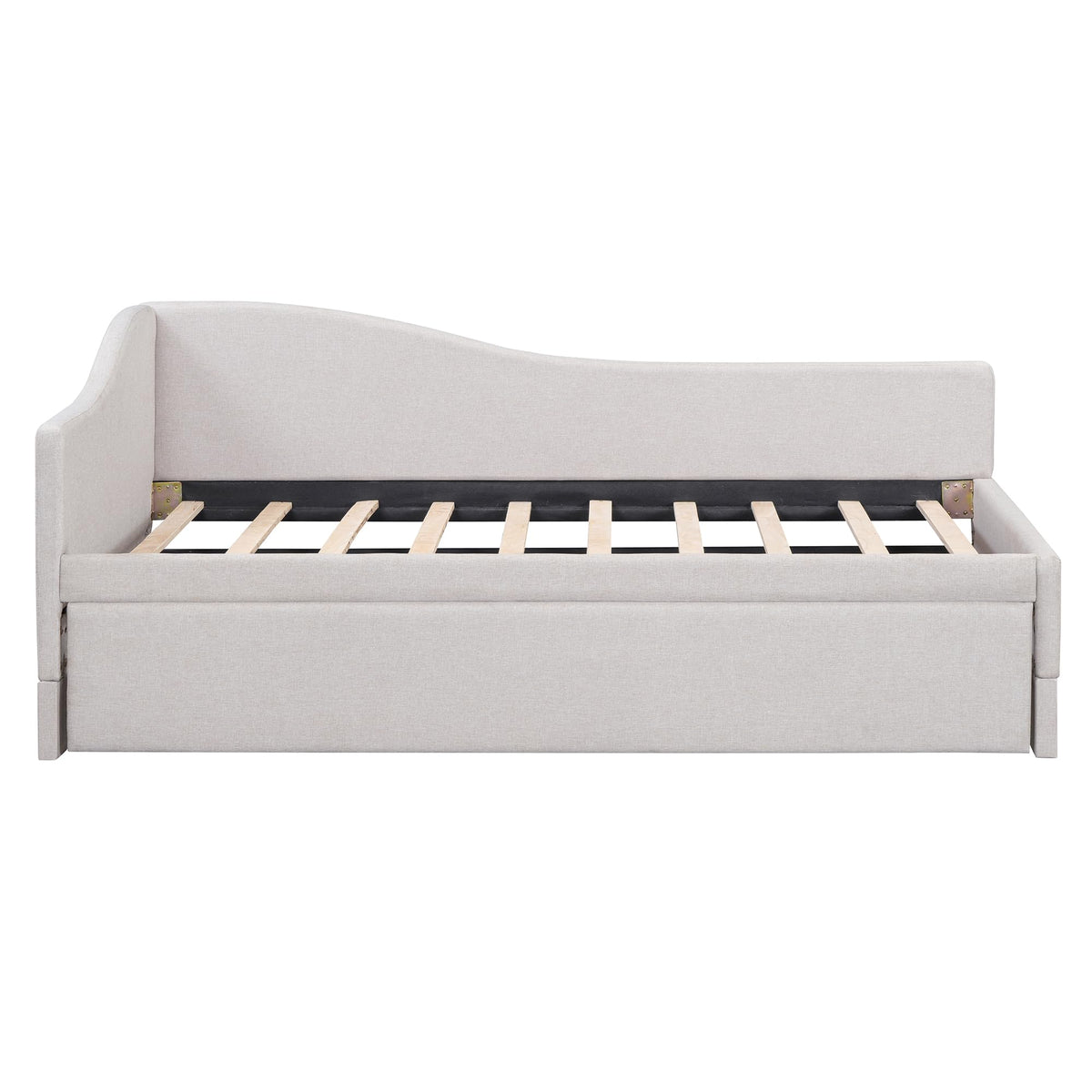 Beige Linen Upholstered Twin Size L-Shaped Daybed with Pop Up Trundle T154169