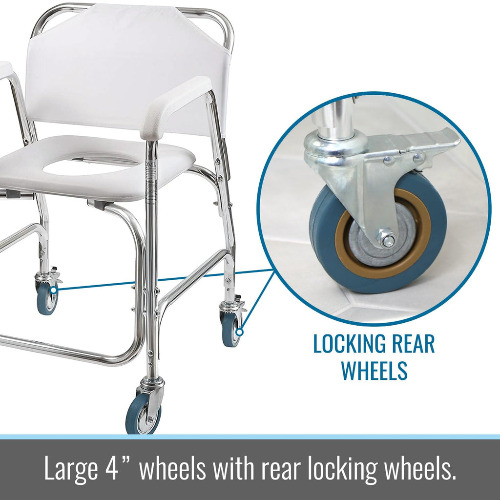 Rolling Shower Commode Chair Aluminum Frame White 250 Lb. Weight Capacity H7815