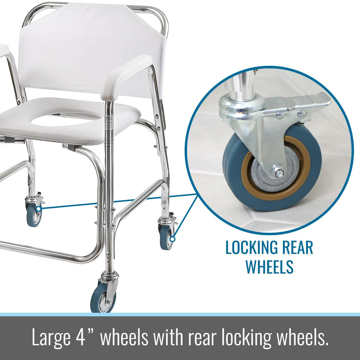 Rolling Shower Commode Chair Aluminum Frame White 250 Lb. Weight Capacity H7815