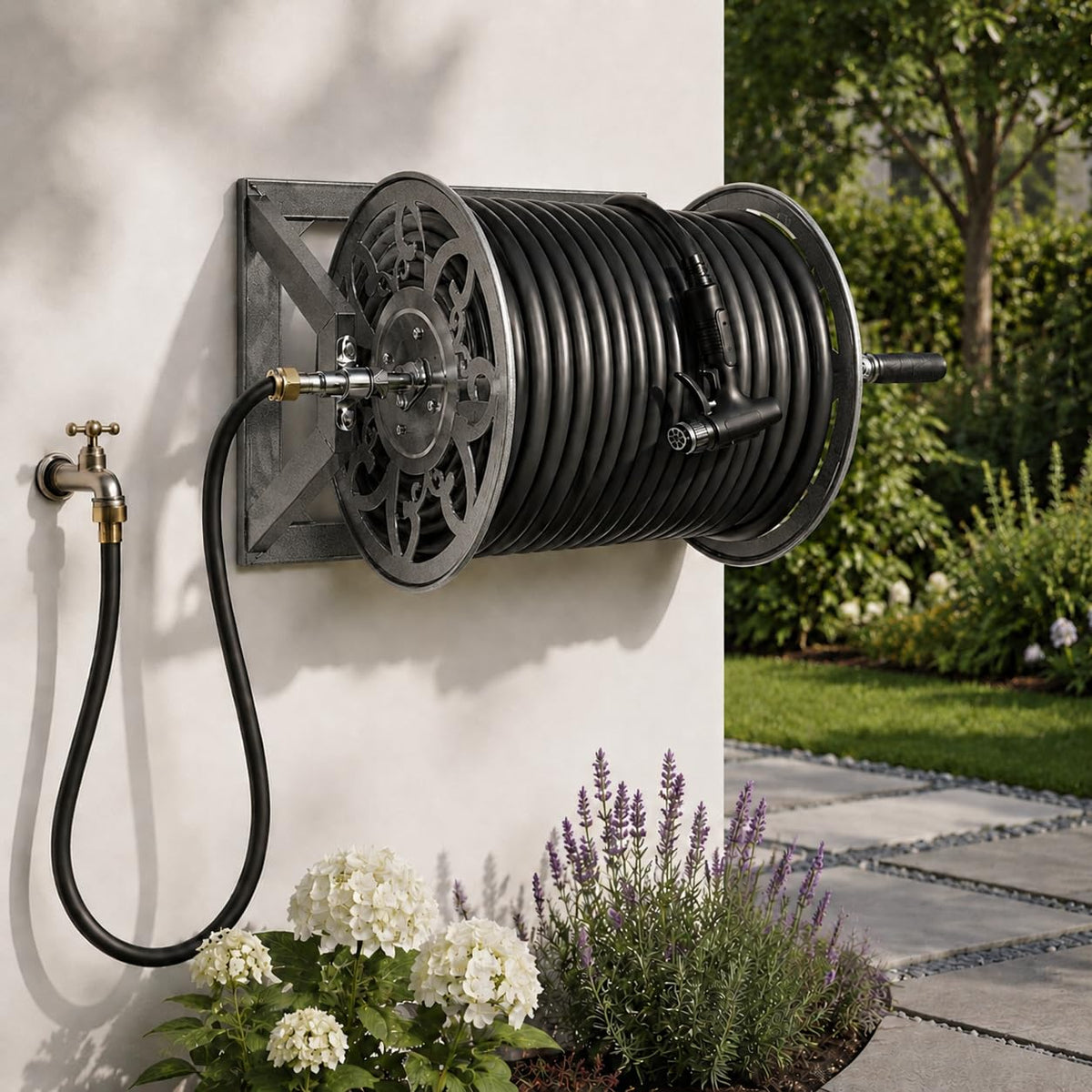 Wall Mounted Garden Hose Reel, Holds 200 ft 5/8" Hose, Heavy-Duty Steel Manual Winder H627