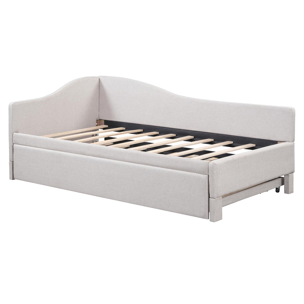 Beige Linen Upholstered Twin Size L-Shaped Daybed with Pop Up Trundle T154169