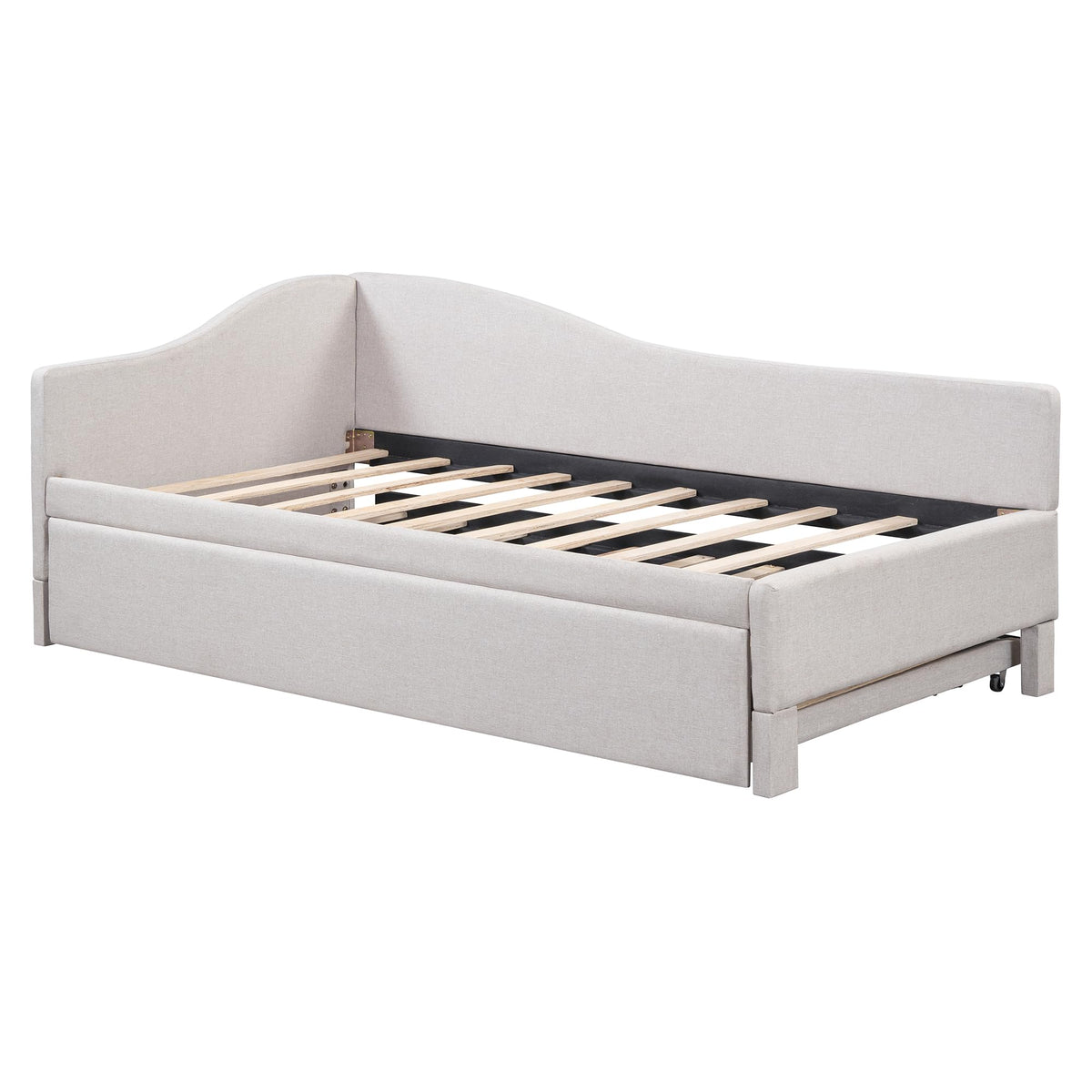 Beige Linen Upholstered Twin Size L-Shaped Daybed with Pop Up Trundle T154169