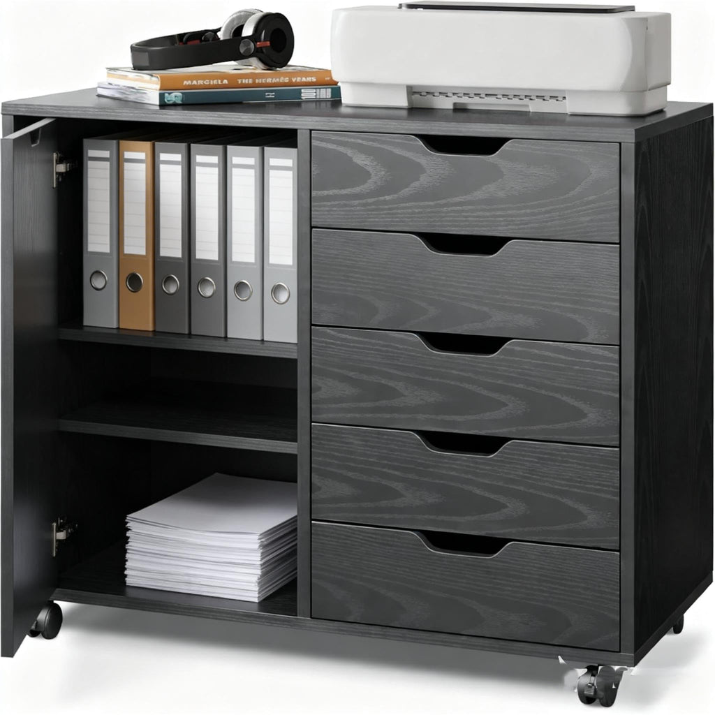Black 5 Drawer Wood Storage Cabinet with Wheels V54525