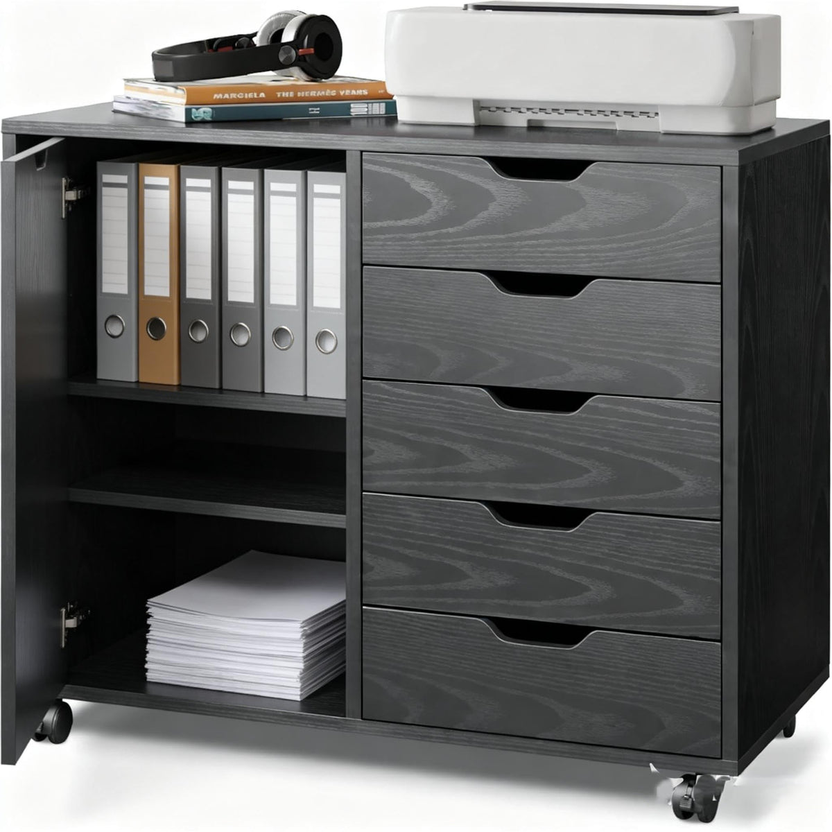 Black 5 Drawer Wood Storage Cabinet with Wheels V54525