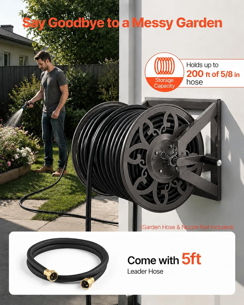 Wall Mounted Garden Hose Reel, Holds 200 ft 5/8" Hose, Heavy-Duty Steel Manual Winder H627