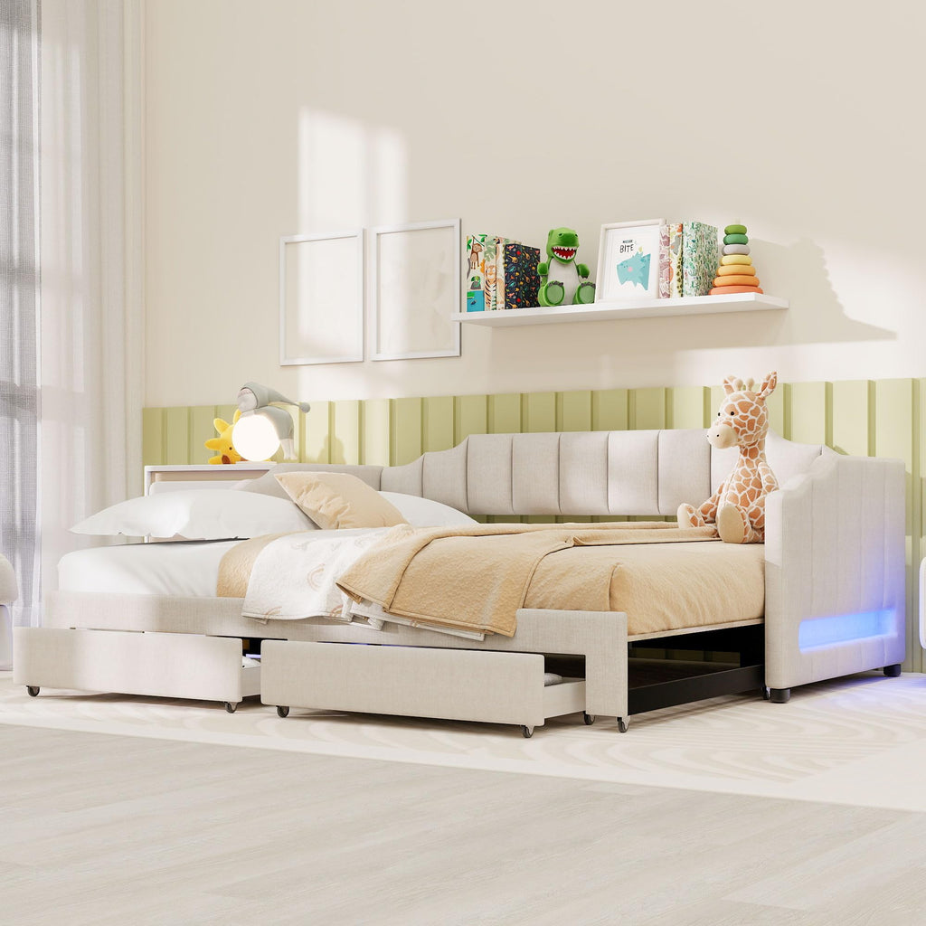 Twin XL Linen Upholstered Daybed with Storage Drawers and LED Light S211