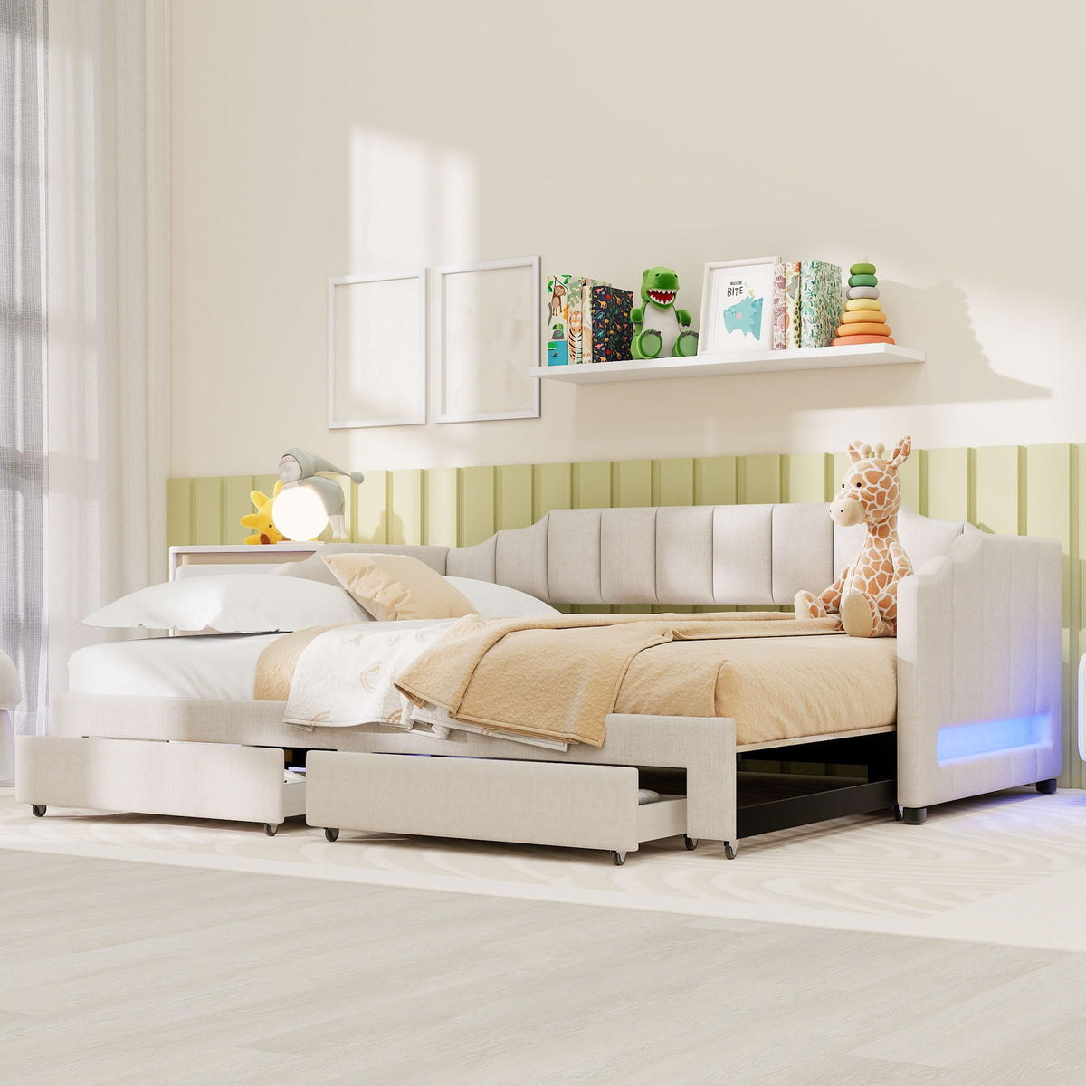 Twin XL Linen Upholstered Daybed with Storage Drawers and LED Light S211