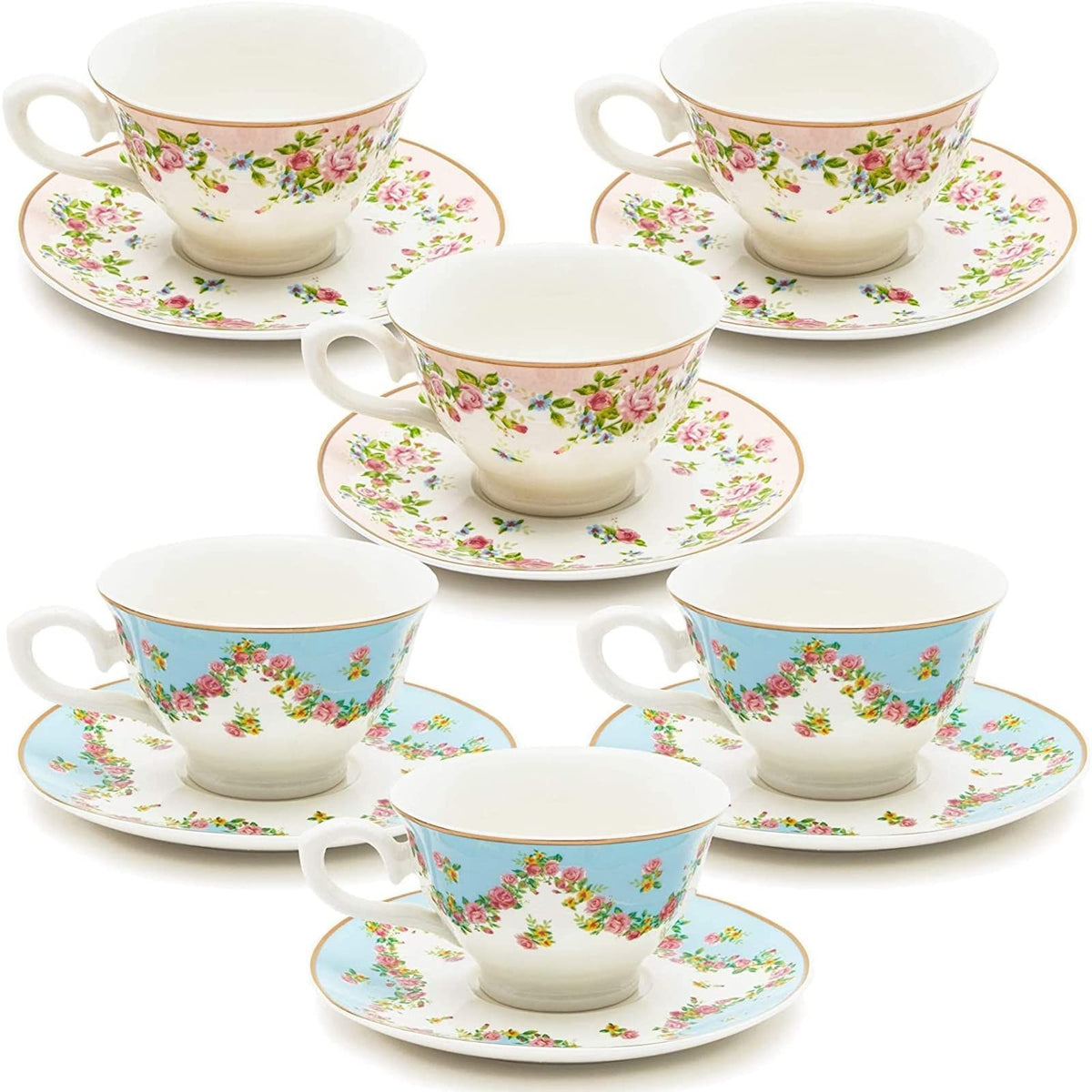 Floral Tea Cup & Saucer Set 8 Oz 12-Piece Multicolor D870